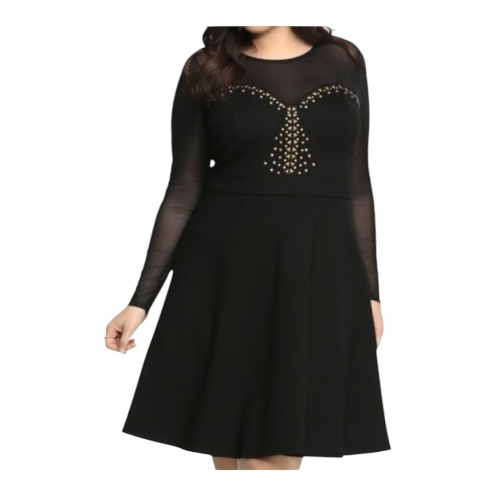Torrid Long-Sleeve Mesh-Studded Fit-N-Flare Combo Skater Dress Black 3X